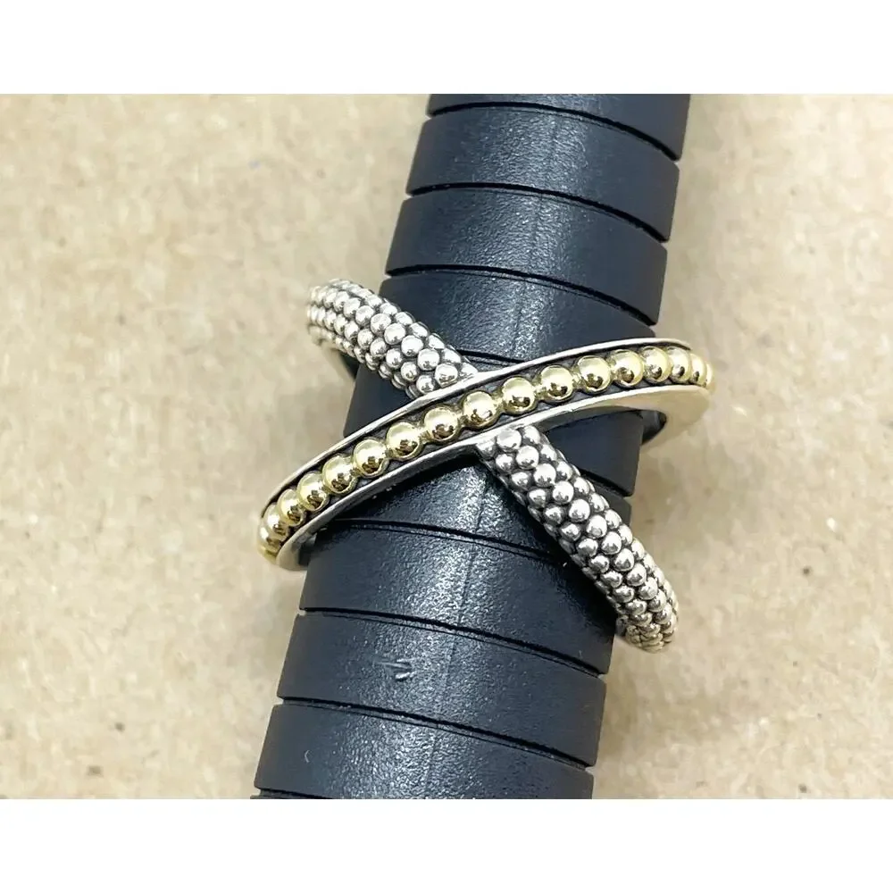 LAGOS KSL Two-Tone X Beaded Ring Sterling Silver & 18K Yellow Gold Size 7